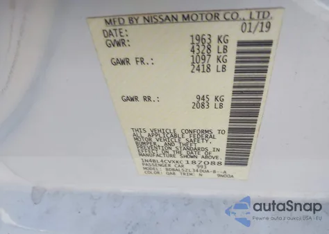 2019 Nissan Altima 2.5 Sr из США, поврежденный, VIN 1N4BL4CVXKC187088